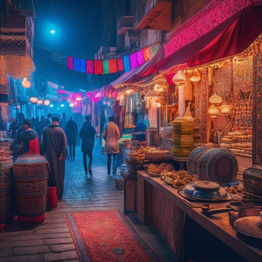 A vibrant, neon-lit Middle Eastern souk at dusk, with colorful lanterns, intricate tiles, and ornate patterns, surrounded by DJ equipment, headphones, and vinyl records with Arabic calligraphy.