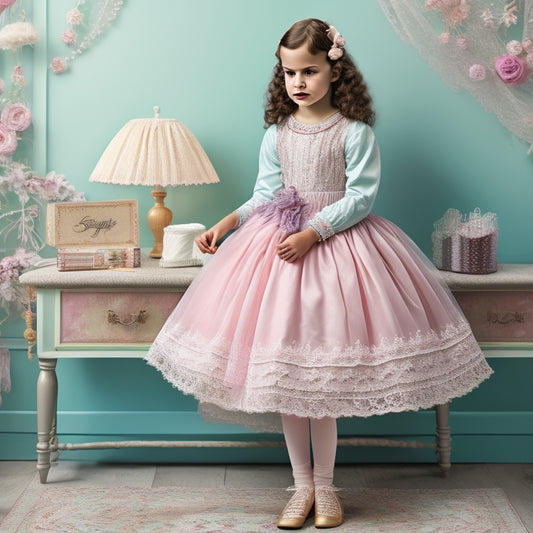 A whimsical illustration of a young girl, surrounded by vintage sewing patterns and threads, wearing a flowing, pastel-hued dance dress with a full, gathered skirt and delicate lace trim.