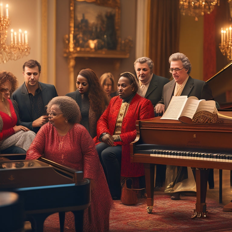 A warm, golden-lit scene depicting a diverse group of people of various ages and backgrounds gathered around a grand piano, with music sheets and instruments scattered around, conveying a sense of harmony and collaboration.