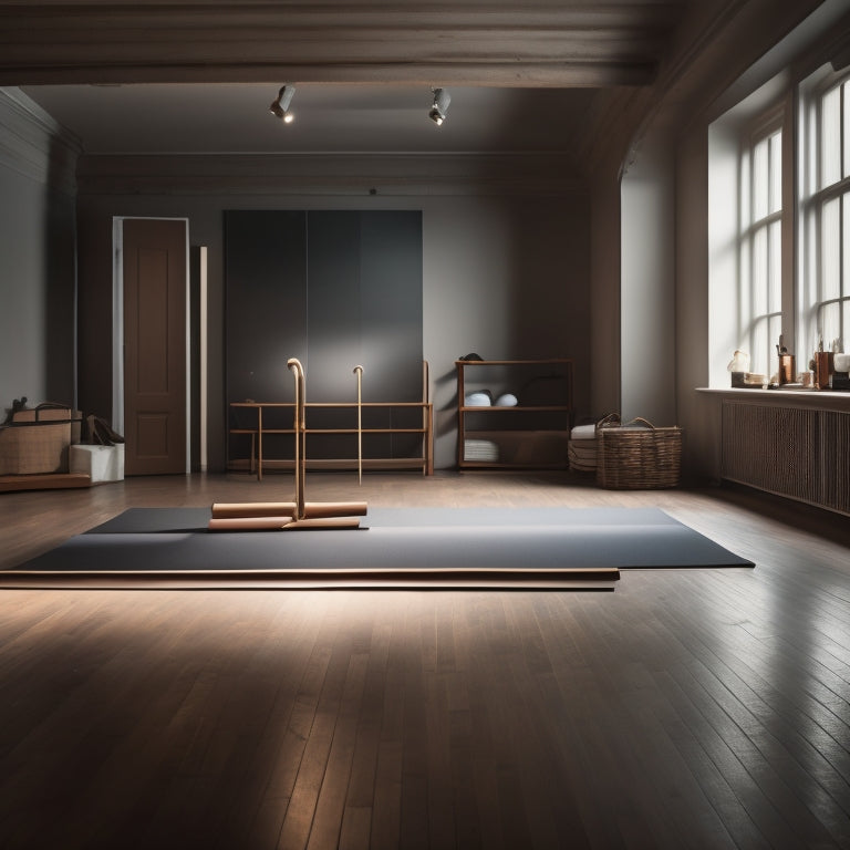 A serene, dimly lit studio with a wooden floor, featuring a ballet barre against a mirrored wall, with a few scattered yoga mats and ballet shoes, and a single, unrolled mat in the center.
