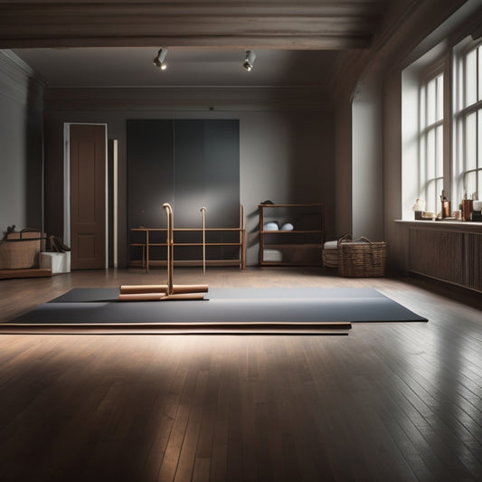 A serene, dimly lit studio with a wooden floor, featuring a ballet barre against a mirrored wall, with a few scattered yoga mats and ballet shoes, and a single, unrolled mat in the center.