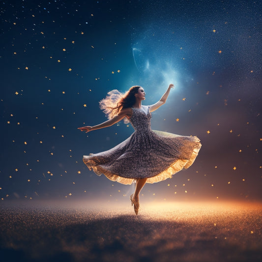 A stylized illustration of a young woman dancing freely in a dark, misty atmosphere, surrounded by faint, glowing minefield symbols that transform into sparkling stars as she moves.