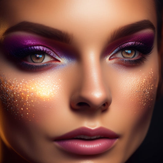 A close-up of a dancer's face, illuminated by bright stage lights, with bold, shimmering eyeshadow, luscious false lashes, and a flawless, radiant complexion, set against a dark, blurred background.