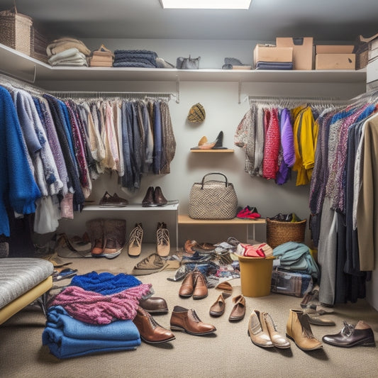 A messy closet with clothes scattered on the floor, shoes piled high, and accessories tangled on hooks, with a small, organized section in the corner, symbolizing the struggle for a clutter-free space.