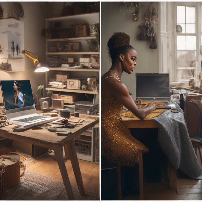 A split-screen image: on the left, a dancer in a crowded, cluttered studio; on the right, the same dancer in a peaceful, organized home space, surrounded by laptops and online learning tools.