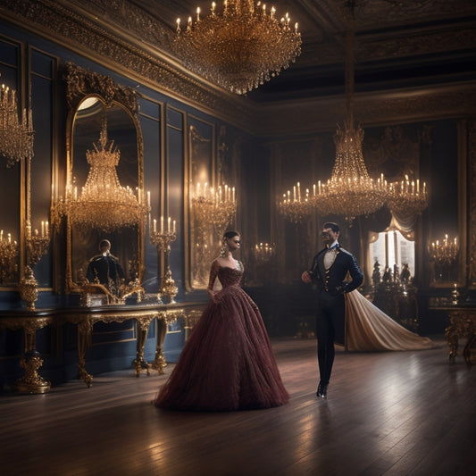 A lavish, dimly lit dance studio with a polished wooden floor, surrounded by ornate mirrors and gilded frames, featuring a stunning, beaded, floor-length ball gown and a dashing, velvet, tailcoat on mannequins.