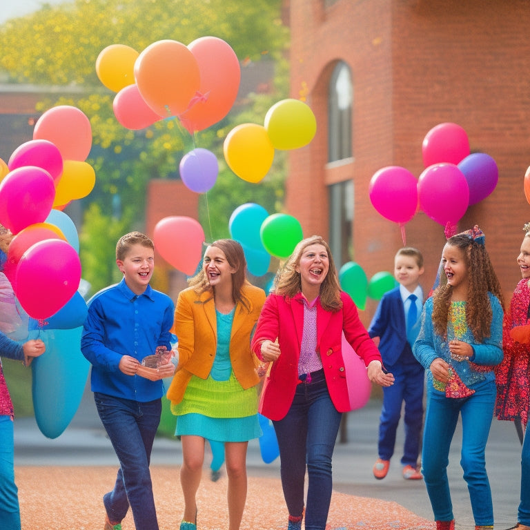 A vibrant and bustling school courtyard scene with balloons, confetti, and colorful streamers, featuring students laughing and taking photos with teachers and classmates in the background.