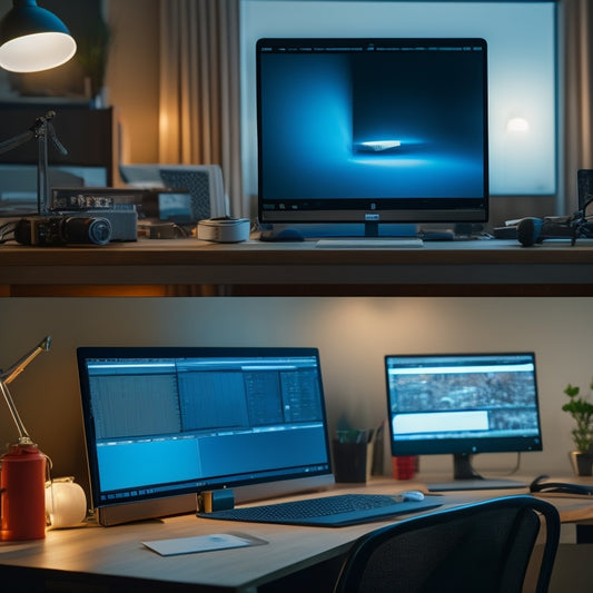 A split-screen image featuring a cluttered, dimly lit desk with a laptop displaying a poorly edited video, contrasted with a sleek, modern workstation with a laptop showcasing a polished, cinematic video.