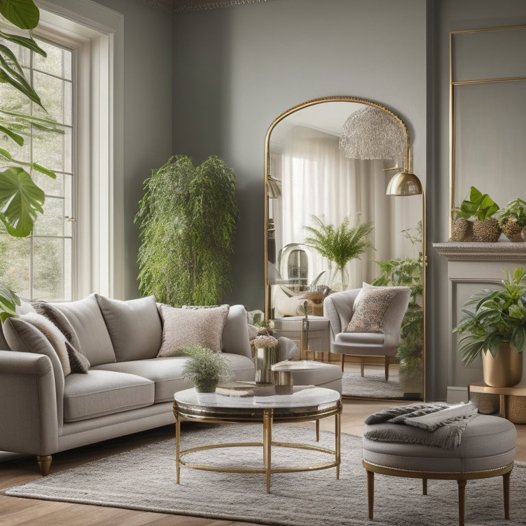 A spacious living room featuring an oversized, ornate wall mirror reflecting natural light, surrounded by elegant furniture, lush indoor plants, and soft, neutral tones, creating a sense of openness and sophistication.