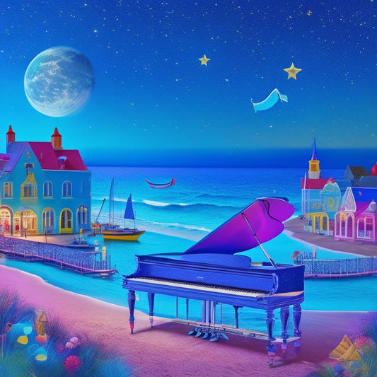 A whimsical illustration of a seaside town with vibrant colors, showcasing a grand piano on the beach, surrounded by easels, paintbrushes, and musical notes swirling in the air, amidst a starry night sky.