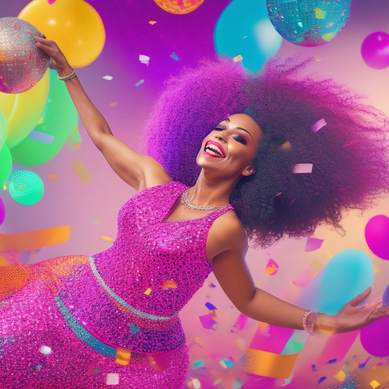 A colorful illustration of a dancing woman wearing a funky outfit, surrounded by swirling shapes and confetti, with a disco ball in the background, radiating energy and fun.