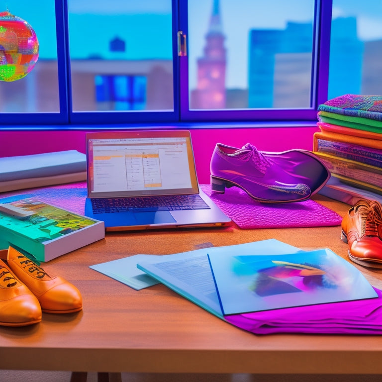 A colorful illustration of a dance studio with a laptop and tablet on a table, surrounded by scattered dance shoes, music sheets, and a calendar, with a subtle cityscape outside the window.