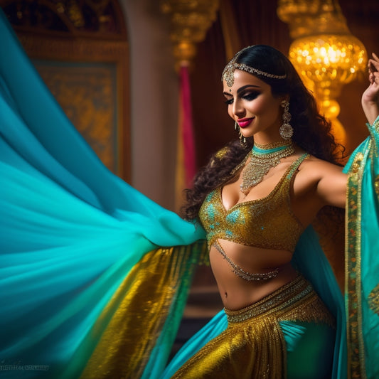 A sensual, golden-lit belly dancer in a flowing, turquoise costume, surrounded by swirling silk fabrics, practices a slow, controlled roll movement, with a subtle smile, in a dimly lit, ornate Middle Eastern-inspired setting.