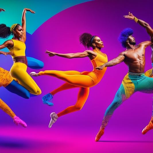 A vibrant illustration of diverse dancers in motion, showcasing various styles like ballet, hip-hop, salsa, and contemporary, set against a bright, gradient-colored background with dynamic shapes and swirling patterns.