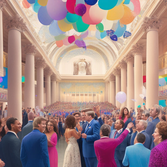 A vibrant illustration of the Kennedy Center's grand foyer, with confetti and balloons floating in the air, surrounded by excited people of diverse ages and ethnicities exchanging tickets and hugging.