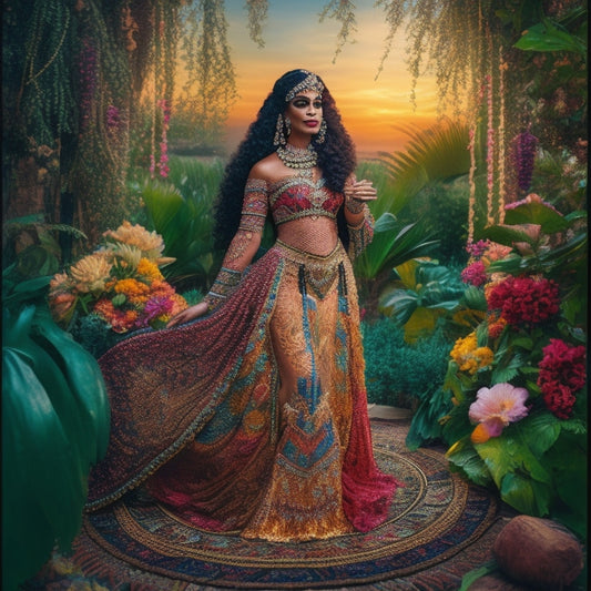 A vibrant, ornate embroidery design featuring a stylized belly dancer with intricate, swirling patterns and beads, surrounded by lush greenery and exotic flowers, set against a rich, sunset-hued background.