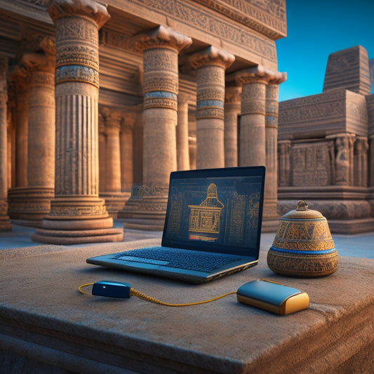 An illustration of an ancient Egyptian temple with a laptop and headphones on a stone pedestal, surrounded by papyrus scrolls and hieroglyphic-covered pillars, with a subtle glow of a screen in the background.