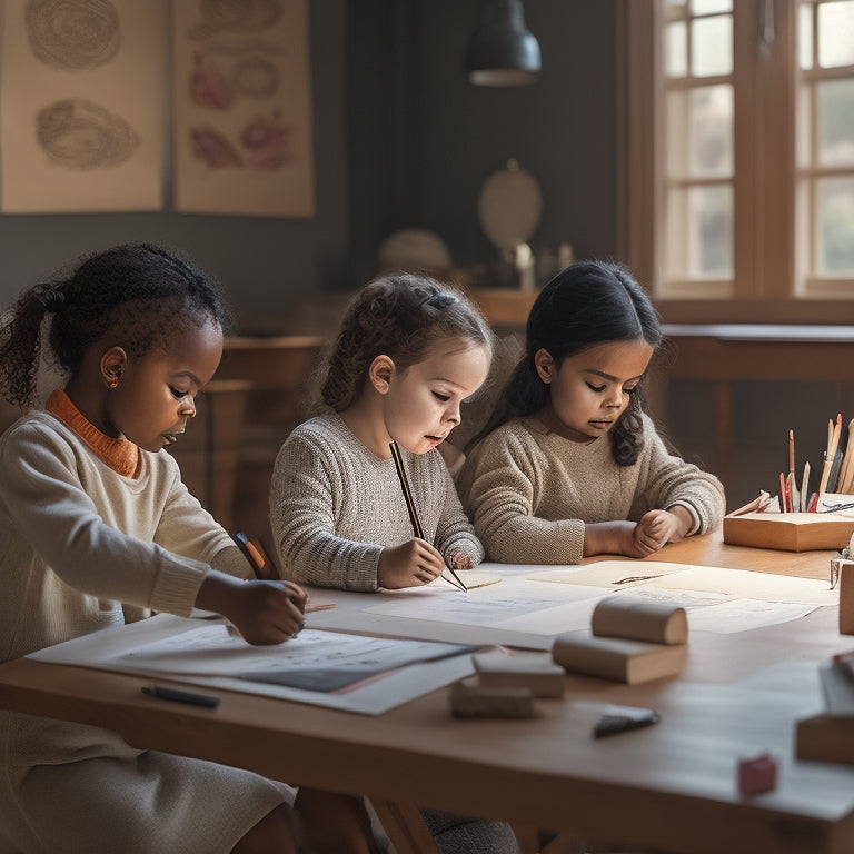 A serene, well-lit studio with several young artists (ages 6-12) intently drawing at wooden desks, surrounded by pencils, erasers, and worksheets featuring gentle, swirly patterns and elegant lines.