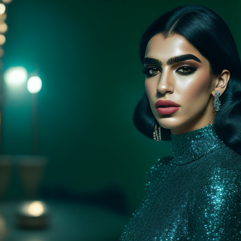 Generate an image of Dua Lipa posing in a dark, luxurious setting, wearing a fitted, long-sleeved, sequined gown in emerald green, with bold, smoky eye makeup and sleek, high ponytail.