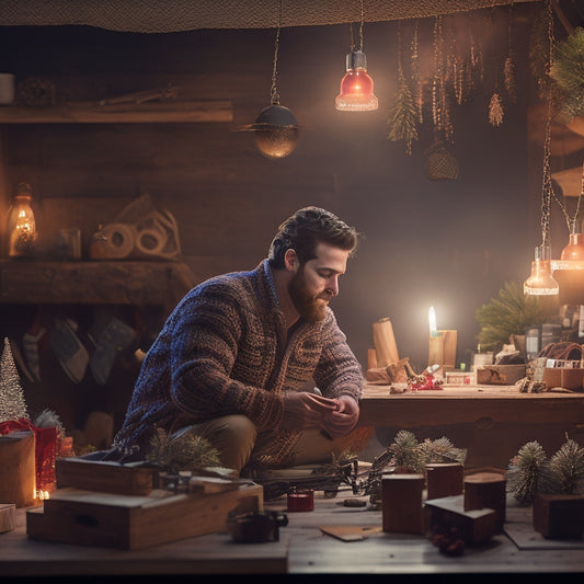 A festive, nighttime scene featuring a DIY enthusiast surrounded by twinkling Christmas lights, half-finished projects, and crafting tools, set against a warm, wooden workshop background.