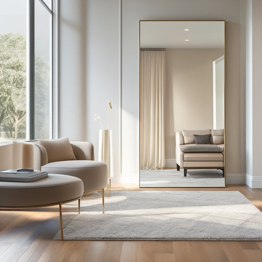 A sleek, full-length floor mirror reflecting a stylish, minimalist room with a neutral color palette, featuring a plush area rug, modern furniture, and soft natural light filtering through large windows.