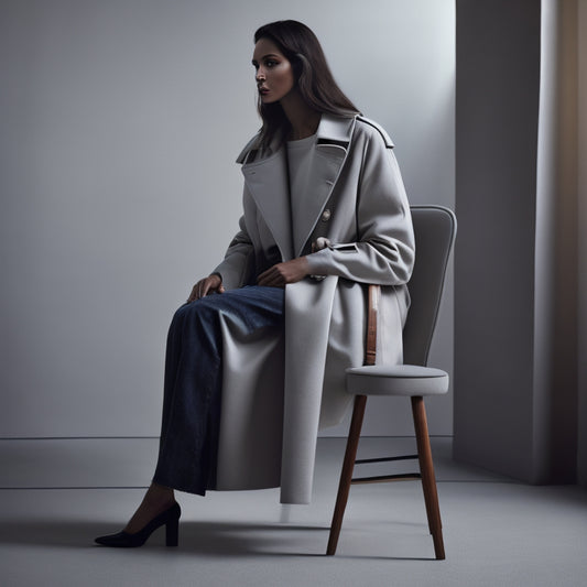 A minimalist, monochromatic background with a sleek, modern chair in the center, surrounded by a draped, oversized trench coat, a pair of distressed denim jeans, and a statement, oversized blazer.