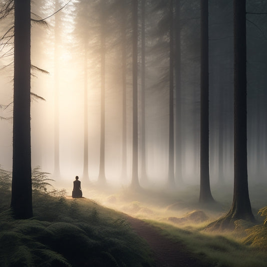 A serene, misty forest landscape at dawn, with a subtle, glowing aura surrounding a lone, meditating figure, surrounded by gentle, towering trees and soft, feathery ferns.