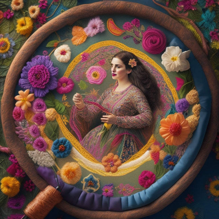 A whimsical illustration of a lady surrounded by swirling threads of various colors, with a needle and hoop in hand, amidst a kaleidoscope of embroidered flowers, leaves, and bilingual phrases in cursive script.