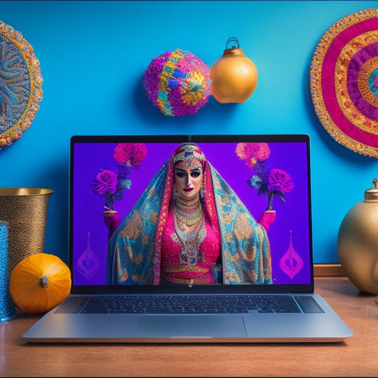 A colorful illustration featuring a laptop with a belly dancer silhouette on the screen, surrounded by Middle Eastern-inspired patterns, flowers, and a few belly dance props like veils and hip scarves.