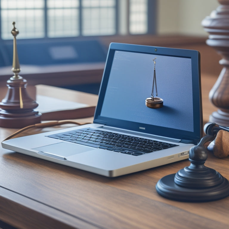 A minimalist illustration featuring a judge's gavel resting on a laptop keyboard, surrounded by subtle hints of a courtroom in the background, with a subtle glow effect to convey expertise and online learning.