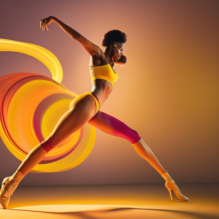 A stylized, high-contrast silhouette of a dynamic line dancer in motion, set against a bright, gradient-colored background, with bold, swirling lines and shapes radiating from the dancer's body.