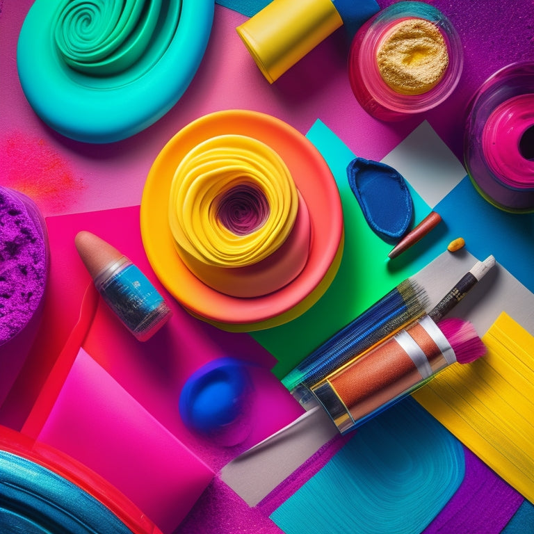 A vibrant, abstract background with swirling shapes and colors, overlaid with a blank art flyer template, surrounded by scattered art supplies like paintbrushes, markers, and colorful papers.