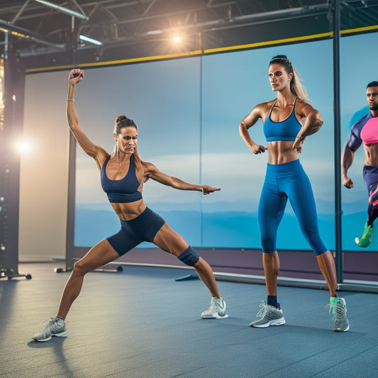 A strong, fit woman in her 30s, standing in a powerful pose, with one leg bent and arms raised in triumph, surrounded by a blurred background of fitness equipment and screens displaying online workout classes.
