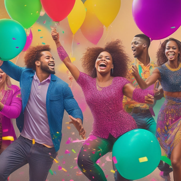 A vibrant, energetic illustration featuring a diverse group of people dancing, shimmying, and moving their bodies in various fun, dynamic poses, surrounded by colorful confetti and balloons.