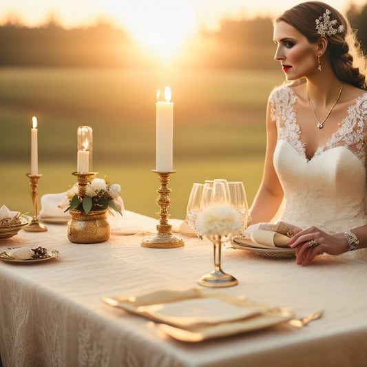 A serene, golden-hour wedding scene with a elegant, lace-dressed bride in the distance, gazing at a delicate, rose-petal-filled timeline scroll unfurled on a rustic, wooden table.