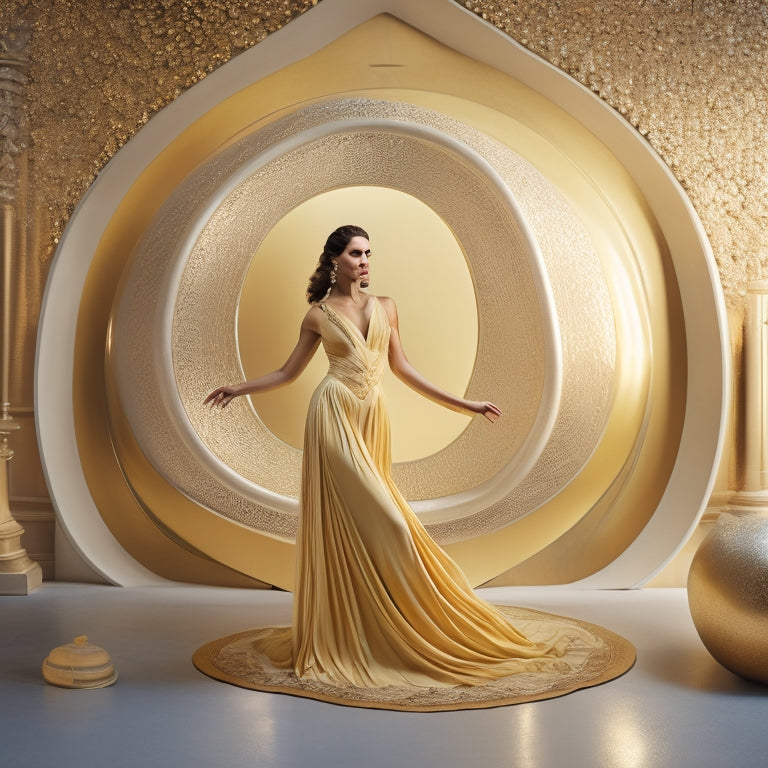 A serene, golden-lit studio with a female figure in a flowing, neutral-toned outfit, standing in a gentle, wide-legged stance, with one hand on hip and the other extended, surrounded by subtle, swirling patterns of gentle, curved lines.