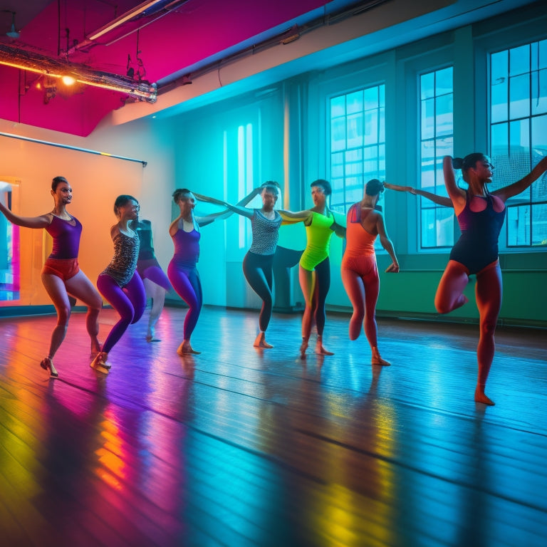 A vibrant dance studio with mirrors, wooden floors, and ballet bars, featuring a diverse group of energetic students dancing in unison, surrounded by colorful lights and dynamic shadows.