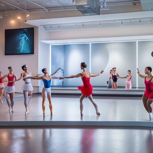 A bright, modern dance studio with a large screen displaying a online course platform on the wall, surrounded by dancing shoes, ballet bars, and a few dancers in the background.