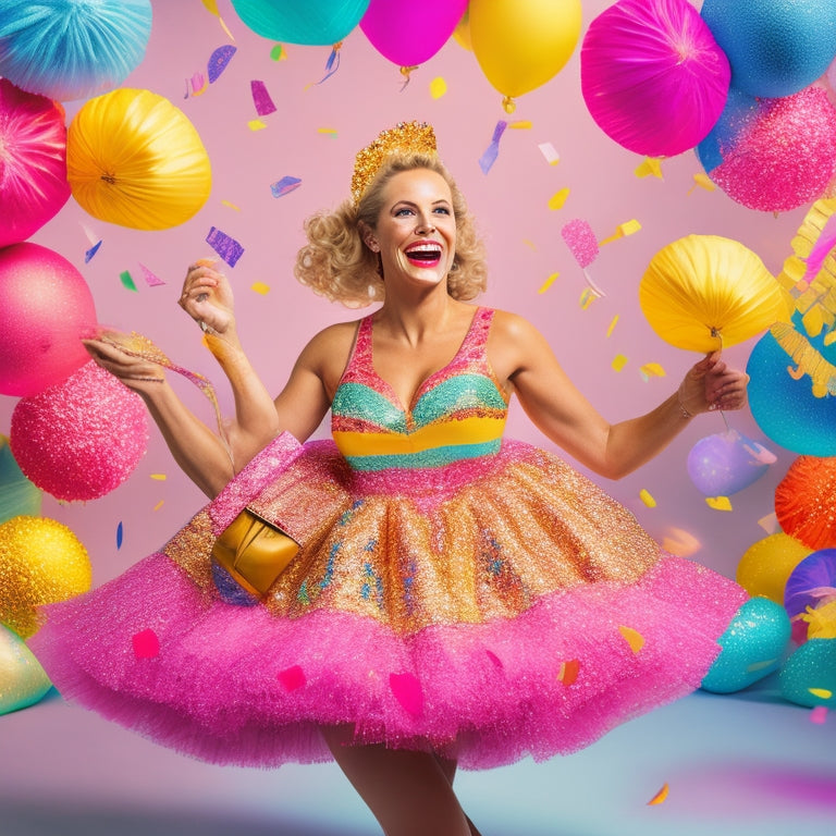 A colorful illustration of a smiling mom, surrounded by dance-inspired accessories, holding a shopping bag with a ballet slipper-shaped handle, amidst a background of swirling tutus and confetti.