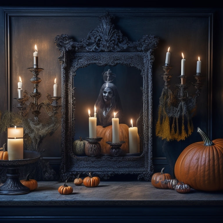 A dimly lit, eerie background with cobwebs, candelabras, and pumpkins, featuring a collection of spooky yet elegant Halloween-themed wall art prints in ornate, distressed frames.