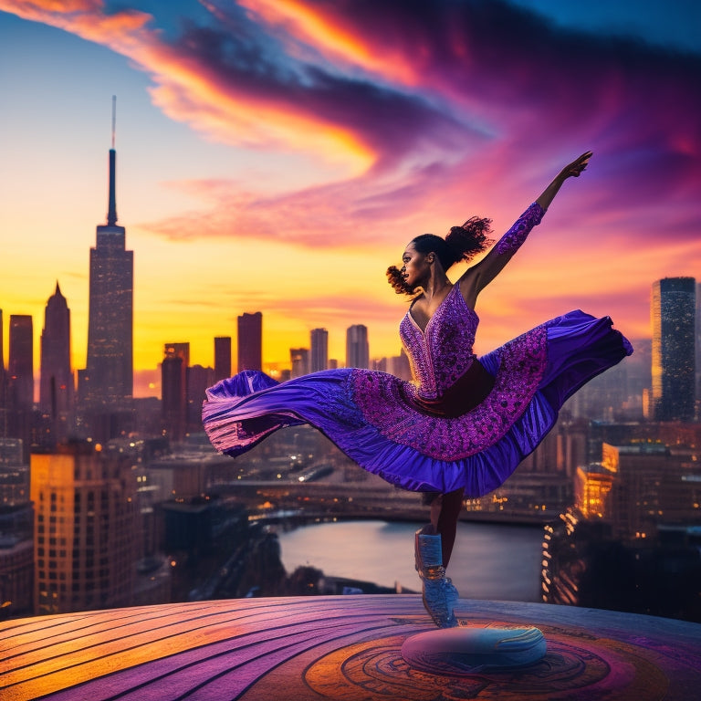 A vibrant illustration of a dynamic dancer in mid-motion, surrounded by swirling shapes and colors, with a subtle cityscape at dusk in the background, evoking energy and creative freedom.