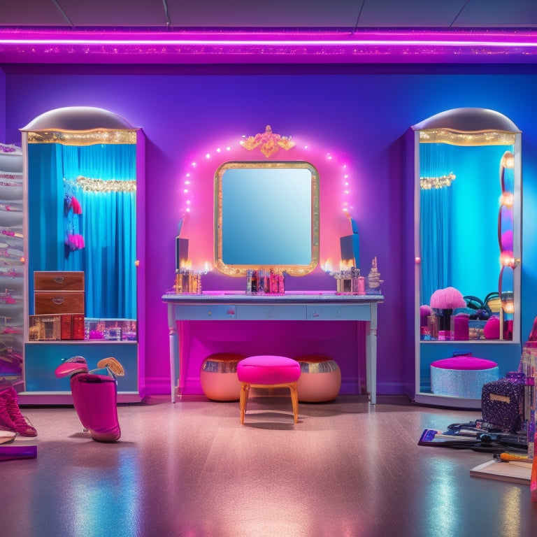 A sparkling, well-lit dance studio with a vanity mirror and makeup station in the center, surrounded by various dance styles' props, such as ballet shoes, hip-hop hats, and jazz gloves.