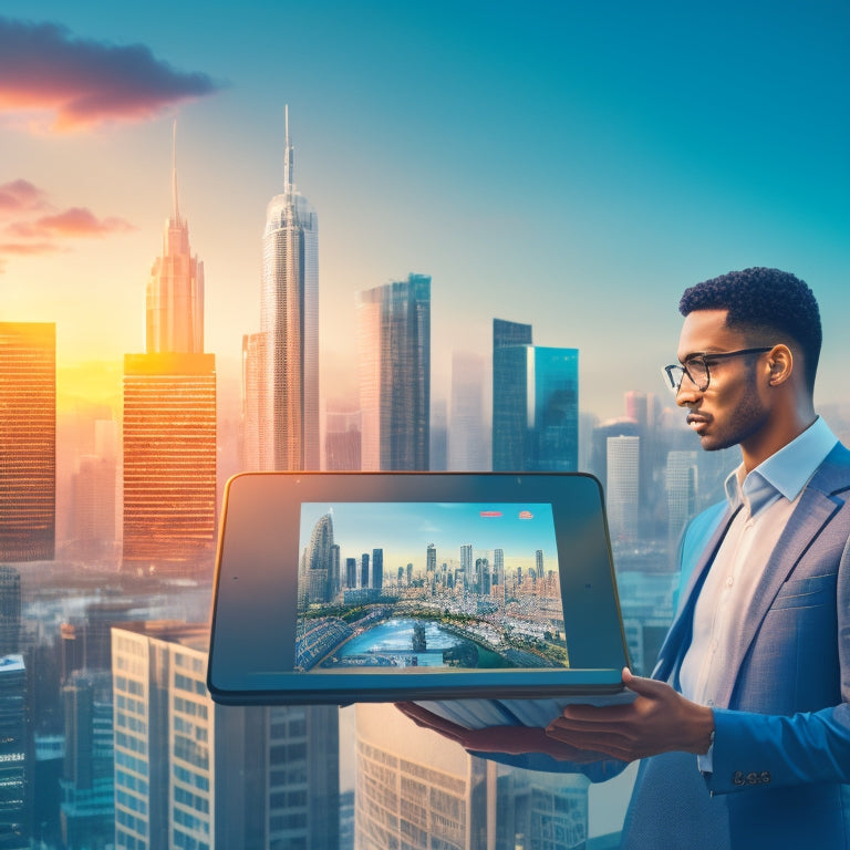 A stylized illustration of a person holding a tablet, surrounded by floating badges and certificates, with a subtle cityscape or office background, conveying a sense of modernity and professionalism.