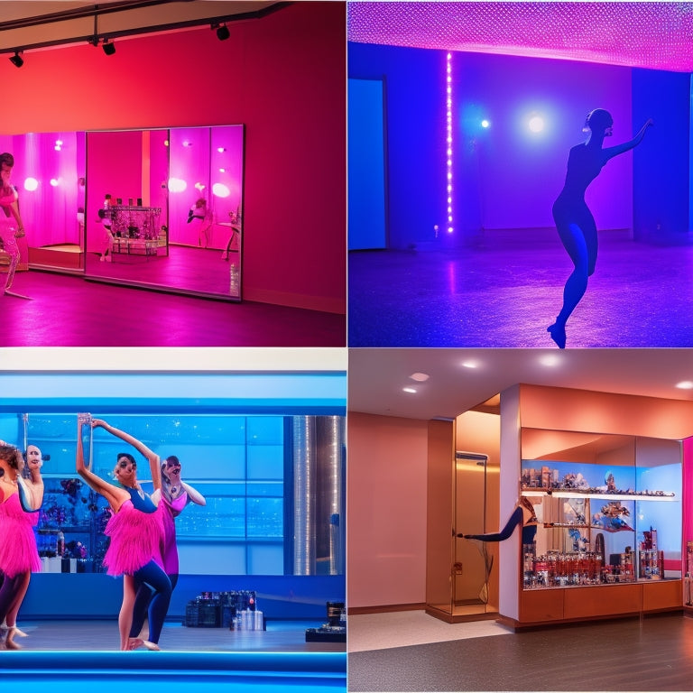 A split-screen image featuring a dance studio with ballet bars, mirrors, and a few dancers in motion, alongside a makeup station with various cosmetics and a beauty mirror, with colorful lights and shadows.