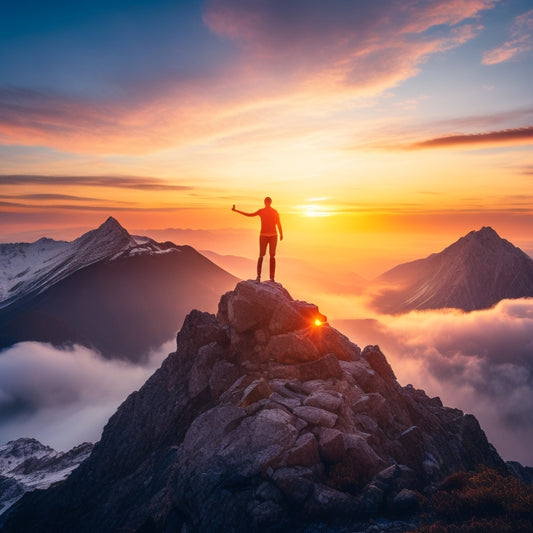 A serene sunrise over a mountain peak, a figure standing confidently at the summit, arms raised in victory, surrounded by soft clouds and vibrant colors, symbolizing strength and unshakeable self-confidence.