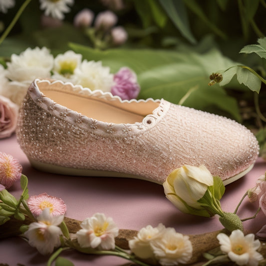 A delicate, lace-trimmed ballet slipper surrounded by intricate, swirling patterns of flowers and vines, set against a soft, creamy background with subtle, shimmering threads.