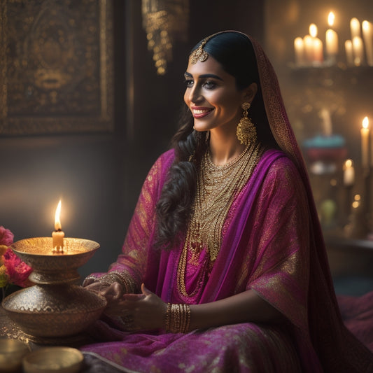 A serene, dimly lit studio with a beautiful, smiling woman in a flowing, colorful skirt, arms extended, and hands adorned with intricate henna designs, surrounded by candles and Middle Eastern patterns.