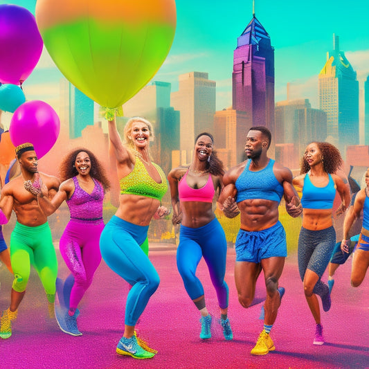 A vibrant, energetic illustration of a diverse group of fitness instructors, each showcasing their unique dance style, surrounded by Philadelphia cityscape elements and colorful balloons, confetti, or glitter.