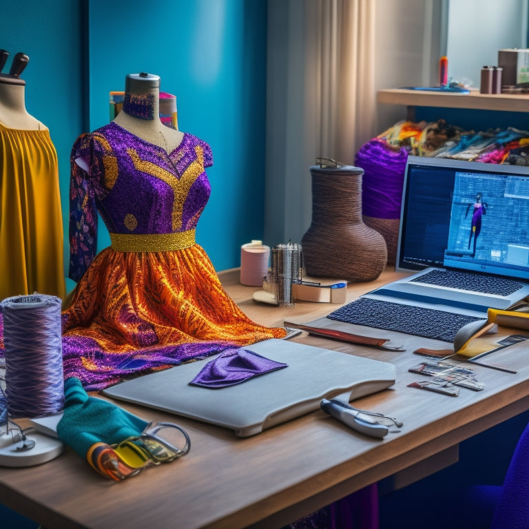 An illustration of a fashion designer's workspace with a computer, colorful fabrics, and a half-finished costume design on a mannequin, surrounded by sketches, threads, and sewing tools.