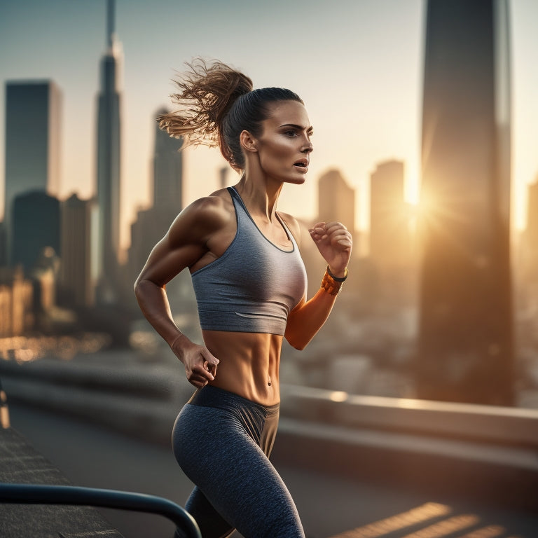 Image of a fit woman running in high-intensity activewear, sweat dripping, with visible wicking fabric, athletic shoes, and a blurred cityscape in the background.
